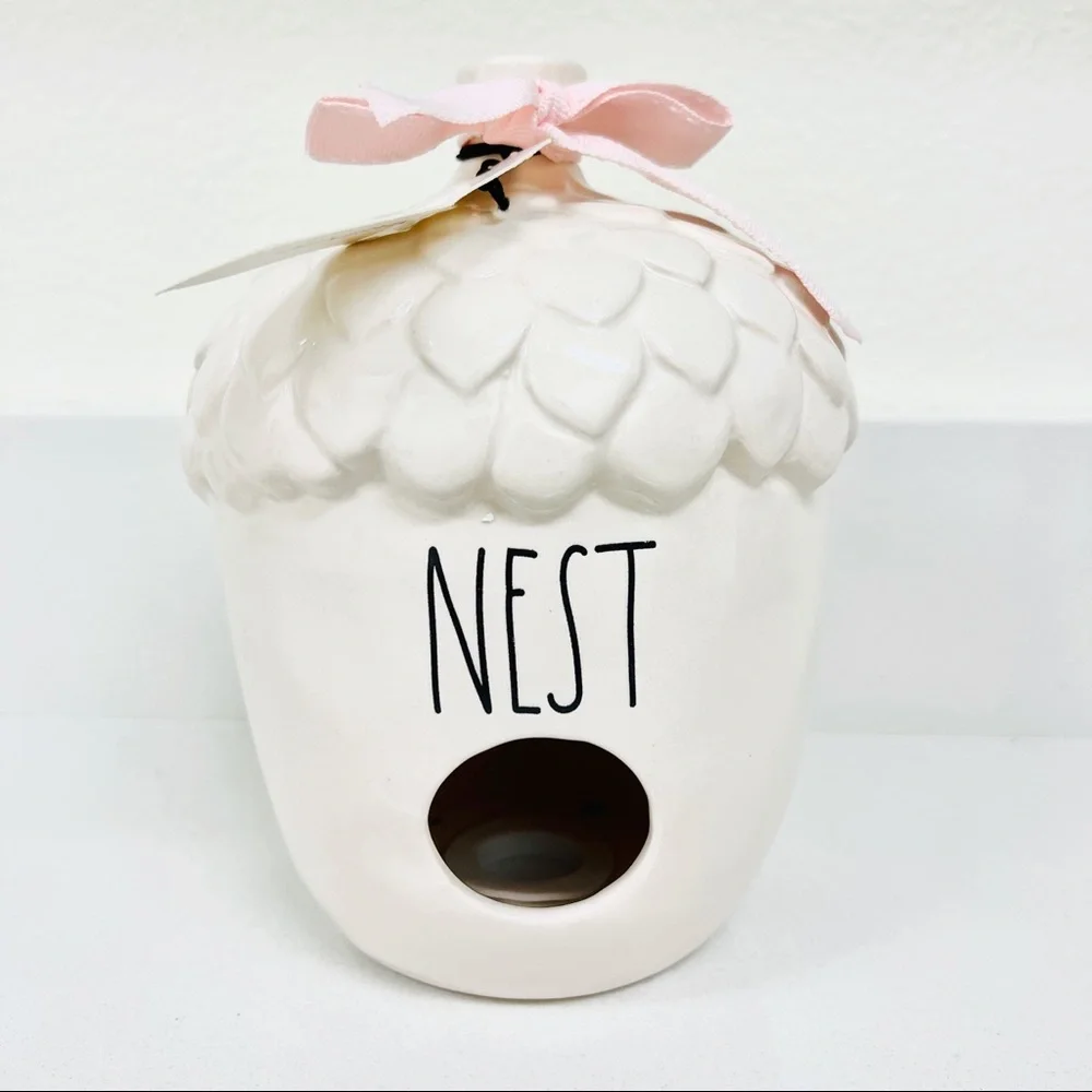 Rae Dunn NEST Acorn Glazed Ceramic Birdhouse w/ Pink Ribbon Autumn Fall Decor